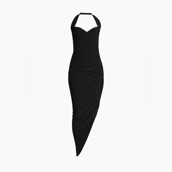 Norma Kamali Dresses & Skirts - Norma Kamali Black Halter Ruched Asymmetrical Dress Bodycon Cocktail Evening